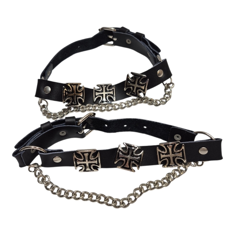 Boot Straps Silver Tone Cross Accents on Black Leather